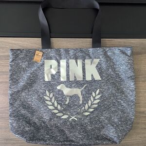 PINK Gray Heather Tote with Logo and Dog Graphic